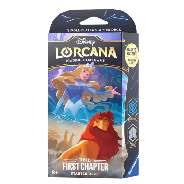The retail box for the Disney Lorcana: The First Chapter Sapphire & Steel Starter Deck, featuring artwork of Aurora and Simba.
