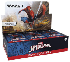 A sealed Play Booster display box for the Magic: The Gathering - Marvel's Spider-Man crossover set.