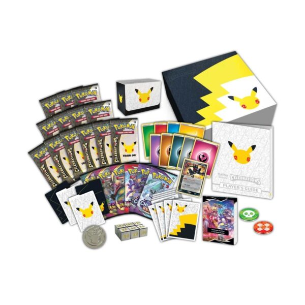 All the contents of the Pokémon Celebrations Pokémon Center Elite Trainer Box, including booster packs, sleeves, dice, and the Greninja Star promo card.
