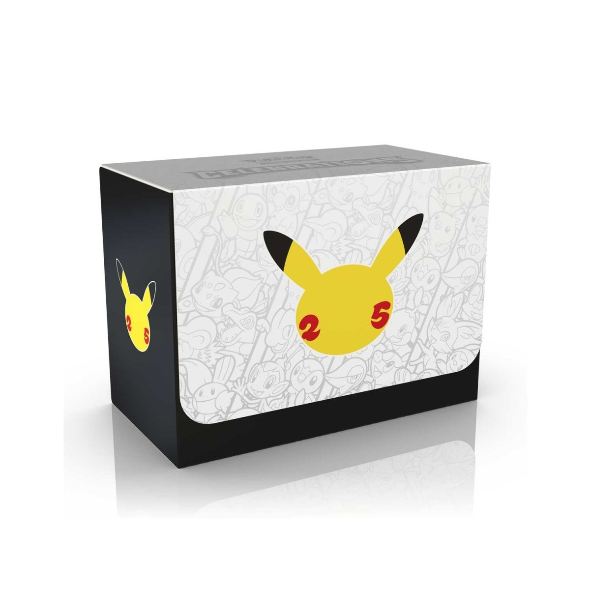 The exclusive deck box from the Pokémon TCG Celebrations Pokémon Center Elite Trainer Box, featuring the 25th Anniversary Pikachu logo.