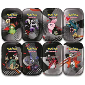 All the different artwork designs for the Pokémon TCG Black Bolt & White Flare Unova Mini Tins.