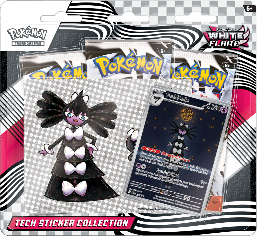The Pokémon TCG White Flare Tech Sticker Collection box, showing the Gothitelle promo card, three booster packs, and sticker sheet.