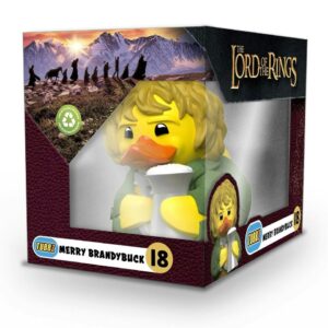 The Tubbz collectible duck of Merry Brandybuck from The Lord of the Rings, shown in its display box.