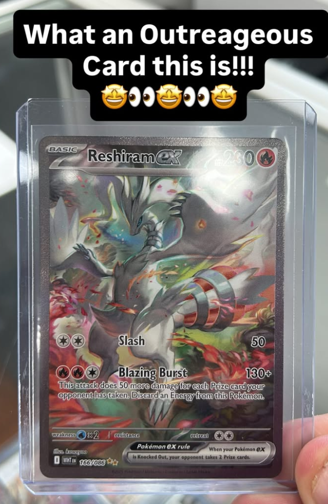 A close-up of the Special Illustration Rare Reshiram ex card from the Pokémon Black Bolt & White Flare set, held in a protective sleeve.