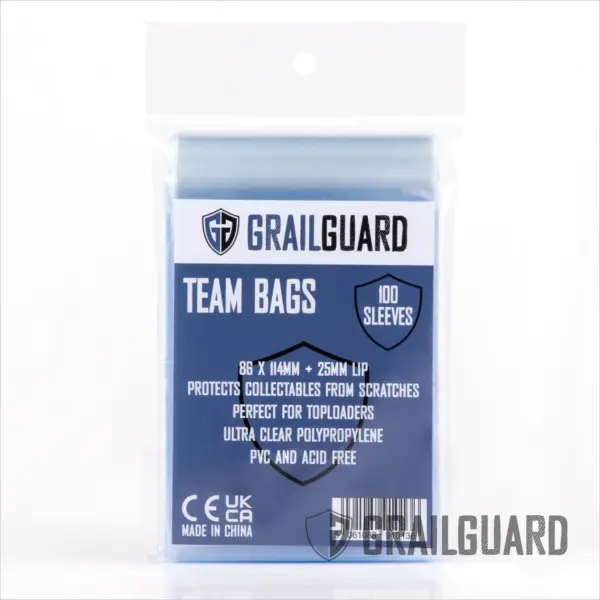 A 100 pack of Grail Guard Team Bags, designed for protecting toploaded cards.