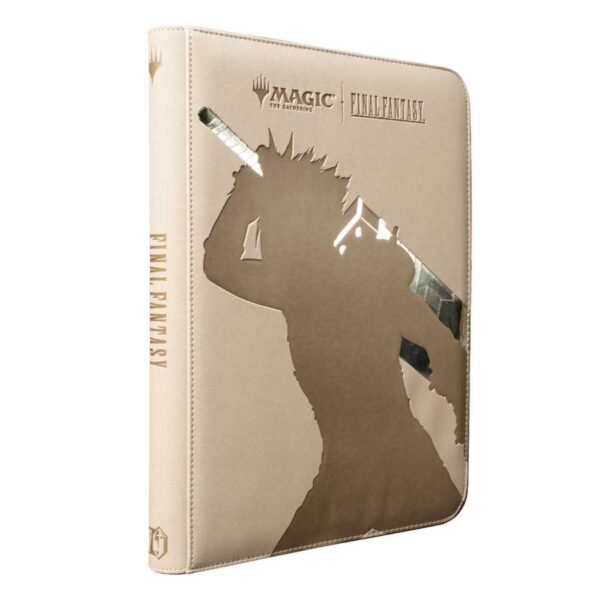 The Ultra Pro 9-Pocket Final Fantasy Cloud Binder, featuring a debossed silhouette of Cloud Strife on its padded cream-coloured cover.