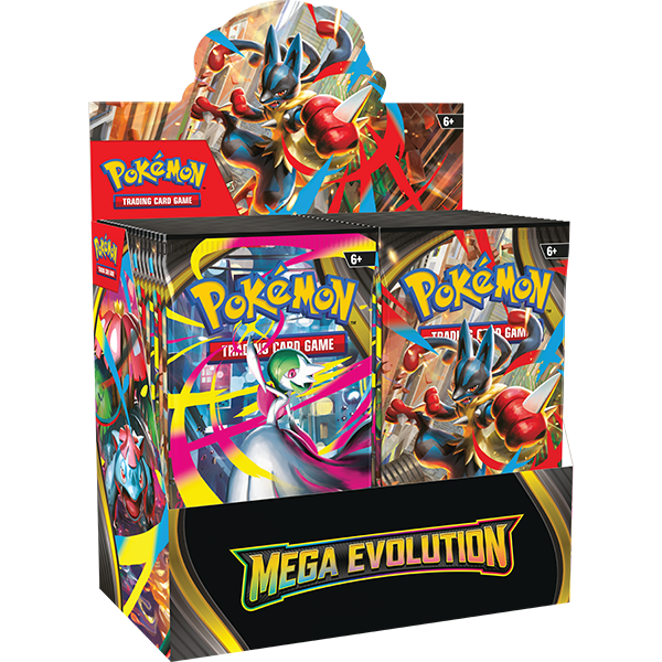 A sealed booster display box for the Pokémon TCG: Mega Evolution expansion, featuring Mega Lucario and Mega Gardevoir.