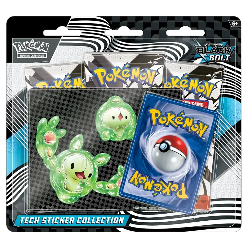 The Pokémon TCG Black Bolt Tech Sticker Collection box, showing the Reuniclus-themed tech stickers and three booster packs.