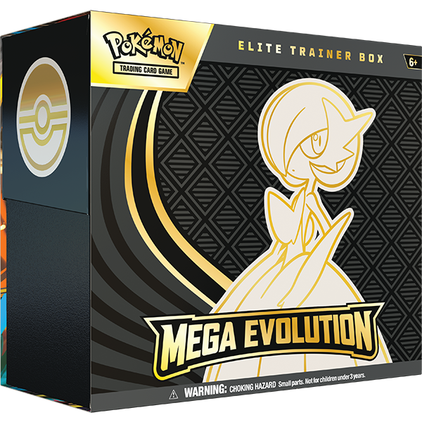 The box for the Pokémon TCG Mega Evolution Elite Trainer Box, themed with Mega Gardevoir artwork.