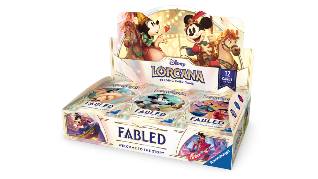 A sealed booster display box for Disney Lorcana: Fabled, containing 24 booster packs.