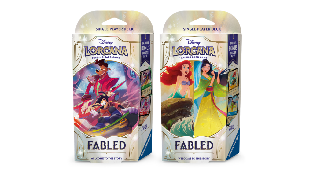 The two different Disney Lorcana: Fabled Starter Decks, one featuring Powerline and Max, the other featuring Ariel and Mulan.