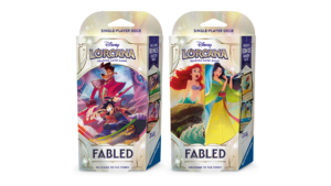 The two different Disney Lorcana: Fabled Starter Decks, one featuring Powerline and Max, the other featuring Ariel and Mulan.