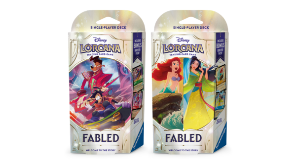 The two different Disney Lorcana: Fabled Starter Decks, one featuring Powerline and Max, the other featuring Ariel and Mulan.