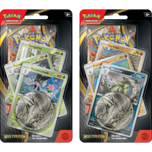 The two versions of the Pokémon TCG Mega Evolution Single Blister, one with the Sprigatito line and the other with the Larvitar line.
