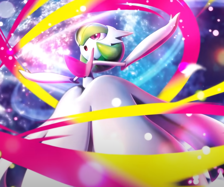 A beautiful shot of Mega Gardevoir from the Pokémon TCG Mega Evolution announcement trailer.
