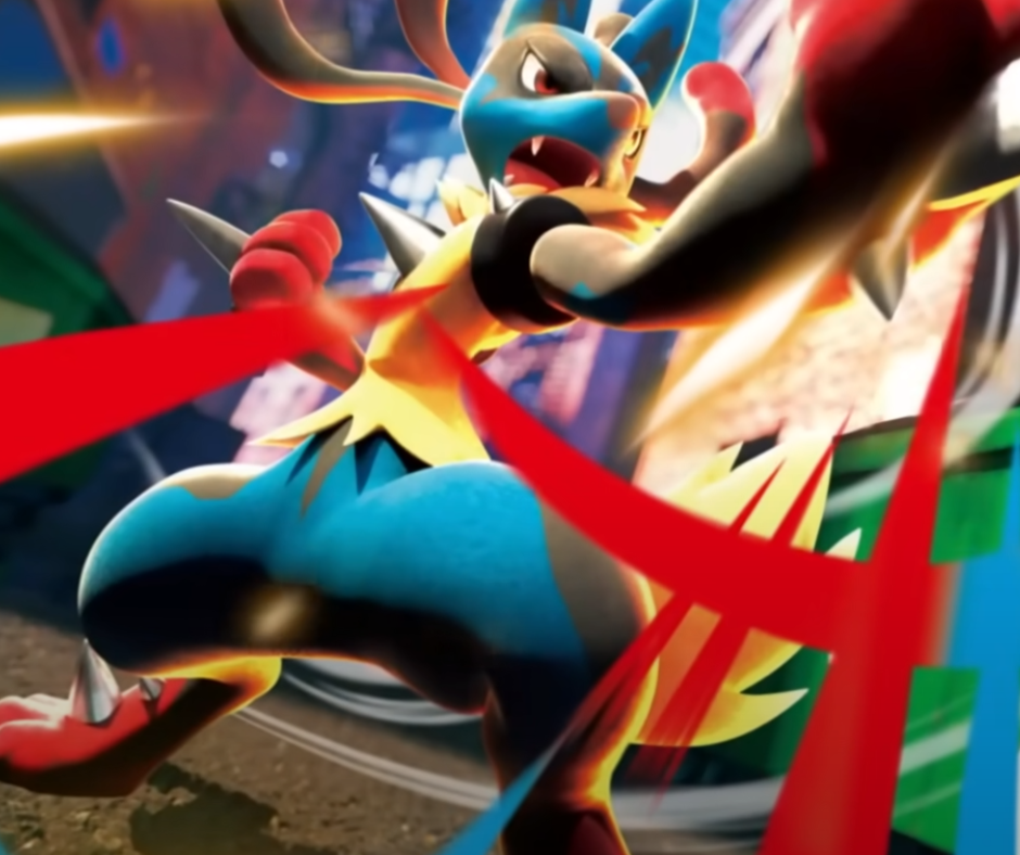 A dynamic shot of Mega Lucario from the Pokémon TCG Mega Evolution announcement trailer.