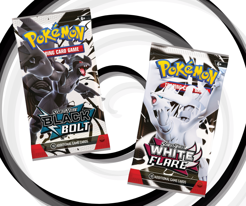 The official artwork for the Pokémon TCG Scarlet & Violet—Black Bolt and White Flare booster packs, featuring Zekrom and Reshiram.