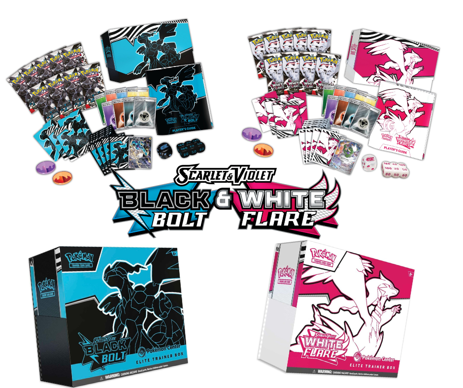 A comparison shot of the Black Bolt Elite Trainer Box featuring Zekrom and the White Flare Elite Trainer Box featuring Reshiram, including their contents.