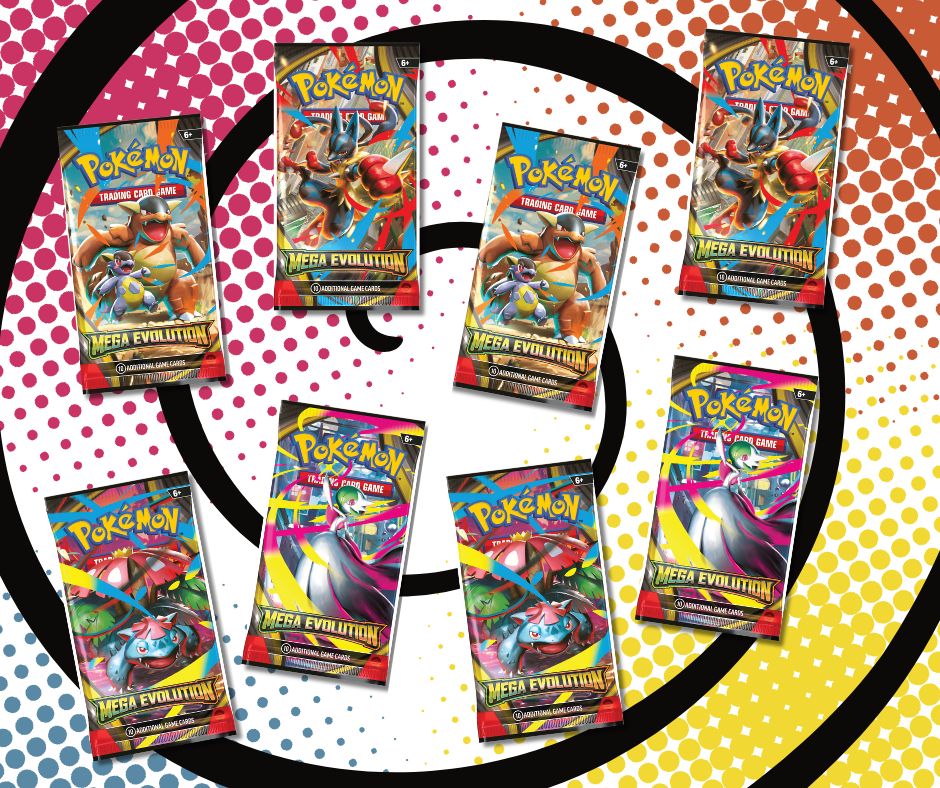 A collection of booster packs from the Pokémon TCG Mega Evolution expansion, featuring artwork of Mega Blastoise, Mega Lucario, Mega Gardevoir, and Mega Venusaur.