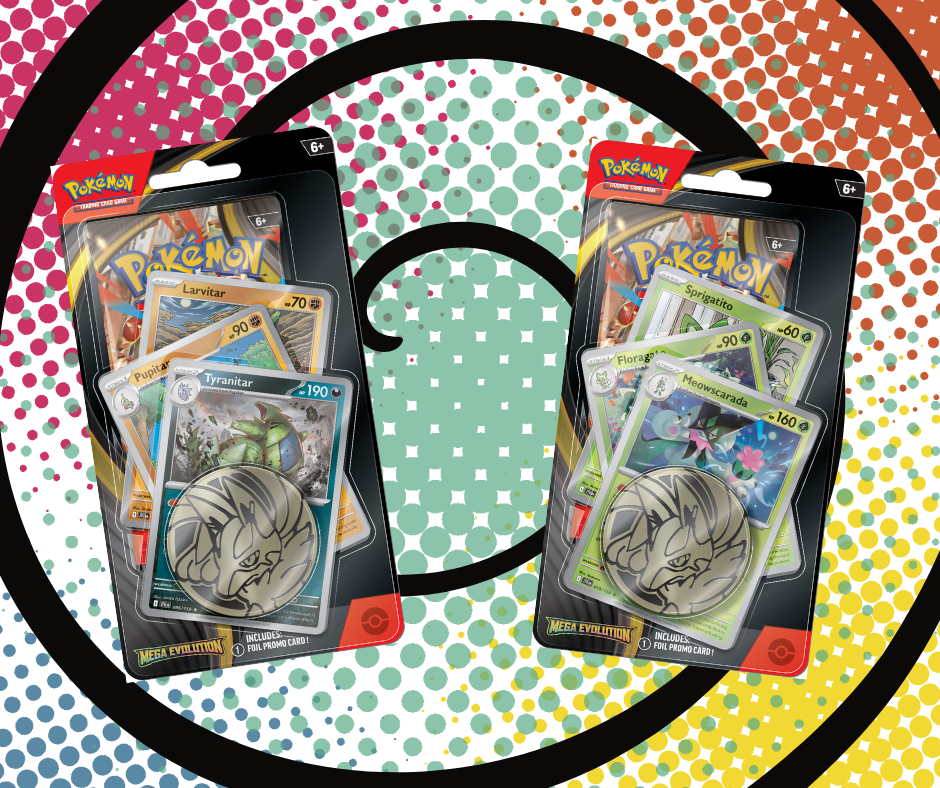 The two versions of the Pokémon TCG Mega Evolution Single Blister, showing the Larvitar evolution line promos and the Sprigatito evolution line promos.
