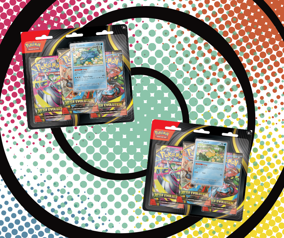 The two versions of the Pokémon TCG Mega Evolution Triple Blister, one with a Golduck promo card and the other with a Psyduck promo card.