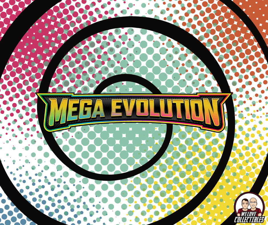 The official logo for the Pokémon TCG Mega Evolution set on a colourful, pop-art style background with the We Love Collectibles logo.