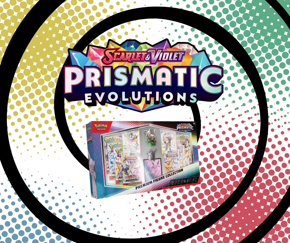 The box for the Pokémon TCG Prismatic Evolutions Premium Figure Collection, set against a background with the Prismatic Evolutions logo.