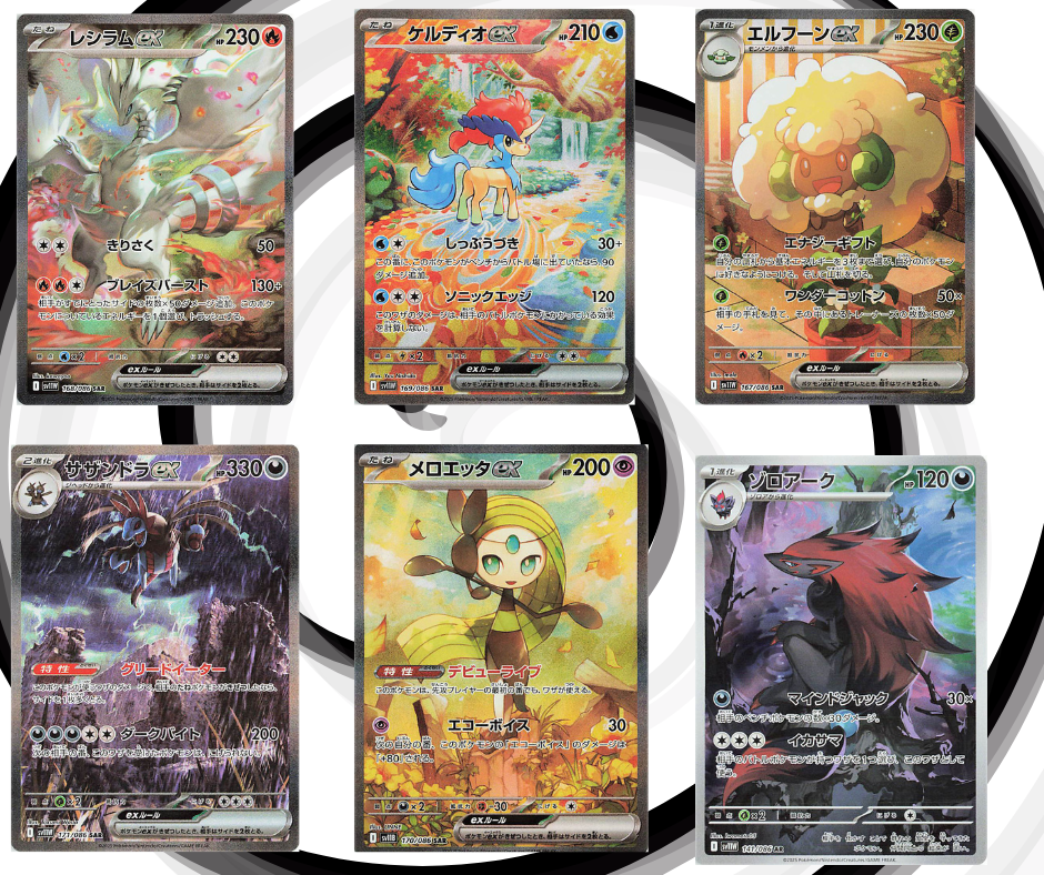 A collage of Pokémon ex cards from the Black Bolt and White Flare sets, including Zekrom ex, Reshiram ex, Kyurem ex, Samurott ex, and Druddigon.