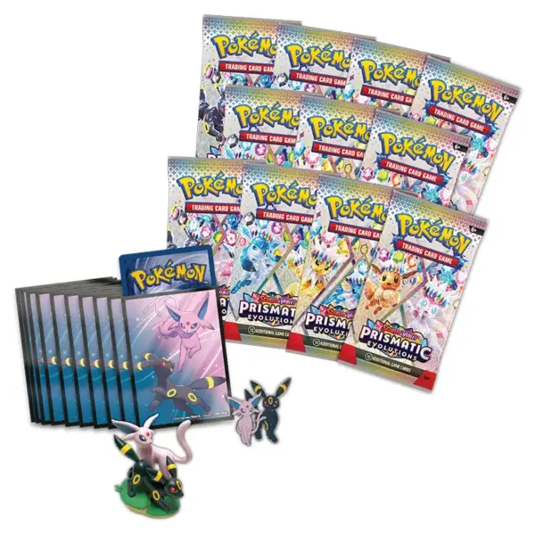 All the contents of the Pokémon Prismatic Evolutions Premium Figure Collection laid out, including 11 booster packs, the figure, pin, and card sleeves.