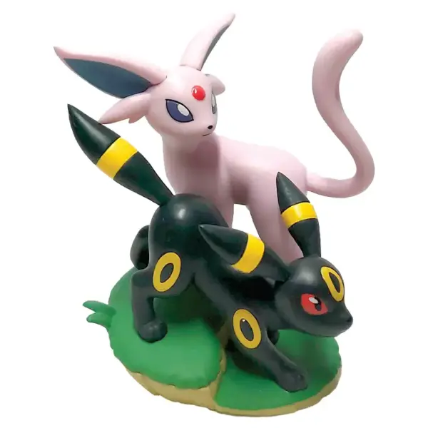 A close-up view of the detailed, display-ready figure of Espeon and Umbreon from the Pokémon Prismatic Evolutions Premium Figure Collection.