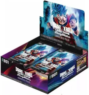 A sealed booster display box for the Dragon Ball Super Card Game Fusion World debut set, Awakened Pulse (FB01), featuring Super Saiyan Blue Goku.