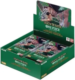 A sealed booster box for the One Piece Card Game expansion, Legacy of the Master (OP-12).