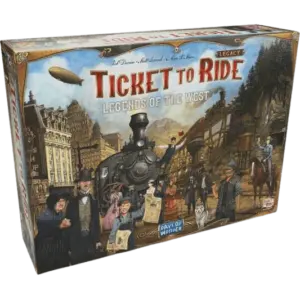 The box art for the board game Ticket to Ride Legacy: Legends of the West, showing a bustling 19th-century American frontier town with a steam train.