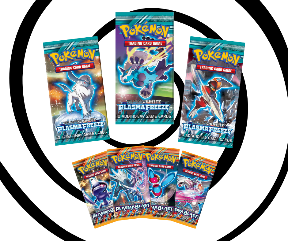 A collection of sealed vintage Pokémon TCG booster packs from the Black & White era, specifically from the Plasma Freeze and Plasma Blast expansions.
