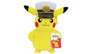 An 8-inch Pokémon plush of Captain Pikachu, standing and wearing a white and black captain's hat.