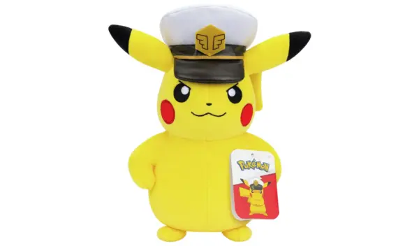 An 8-inch Pokémon plush of Captain Pikachu, standing and wearing a white and black captain's hat.