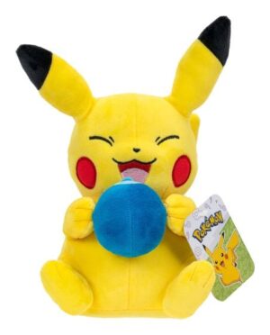 An 8-inch Pokémon plush of Pikachu sitting with its eyes closed happily, eating a blue Oran Berry.