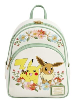 A white Loungefly mini backpack with green trim, featuring a graphic of Pikachu and Eevee surrounded by embroidered flowers.