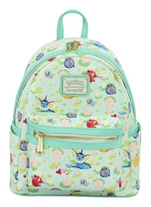 A Loungefly mini backpack with a light green finish and an all-over print of Water-type Pokémon like Squirtle and Vaporeon.