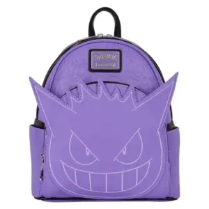 A purple Loungefly mini backpack with a large, die-cut applique of Gengar's face on the front pocket.