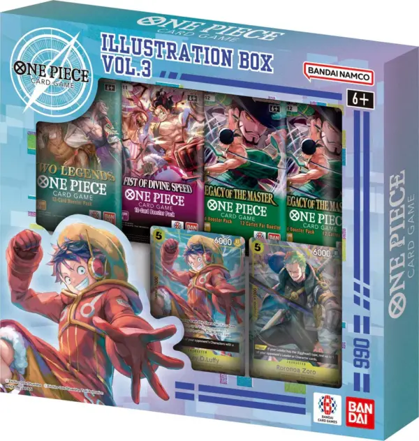 The One Piece Card Game Illustration Box Vol. 3, showing the themed storage box and its contents.