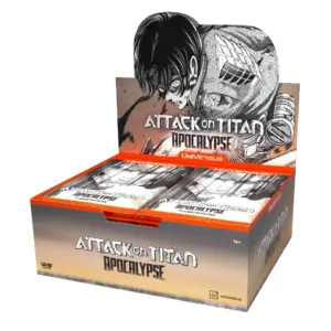 A sealed booster box for the UniVersus TCG set Attack on Titan: Apocalypse, featuring artwork of Levi Ackerman.