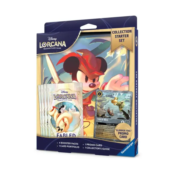 The box for the Disney Lorcana Fabled Collectors Set, showing the Mickey Mouse portfolio and Tinker Bell promo card.
