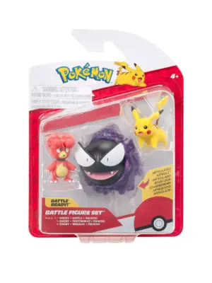 The Pokemon 3 Pack Battle Figure Set, showing the Magby, Gastly, and Pikachu figures inside their packaging.