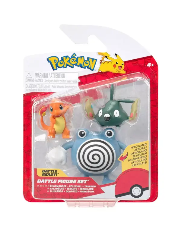 The Pokemon 3 Pack Battle Figure Set, showing the Charmander, Poliwhirl, and Trubbish figures inside their packaging.