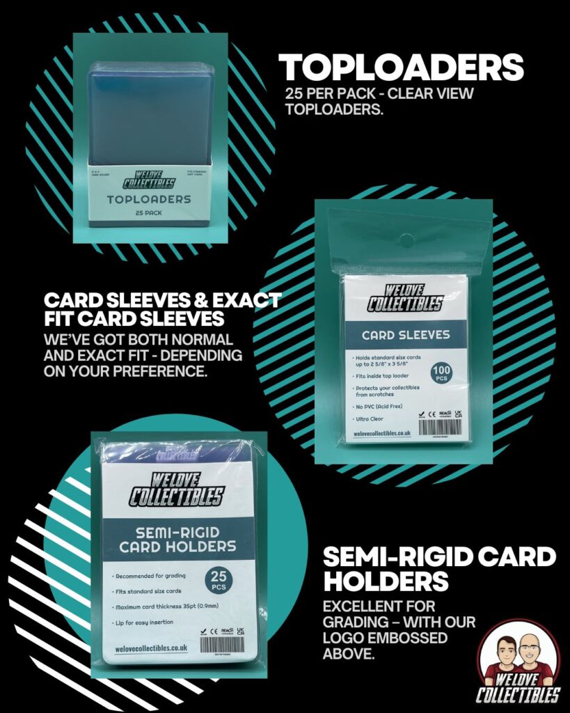 A promotional image showcasing the new We Love Collectibles TCG accessories, with callouts detailing the features of Toploaders, Card Sleeves, and Semi-Rigid Card Holders.