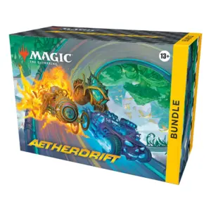 The box for the Magic: The Gathering Aetherdrift Bundle, showing high-speed racing vehicles.