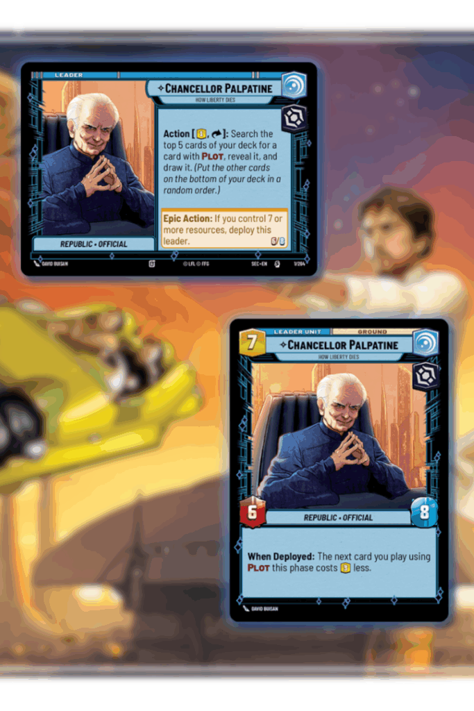 The leader and unit sides of the Chancellor Palpatine card from the Star Wars: Unlimited set Secrets of Power.