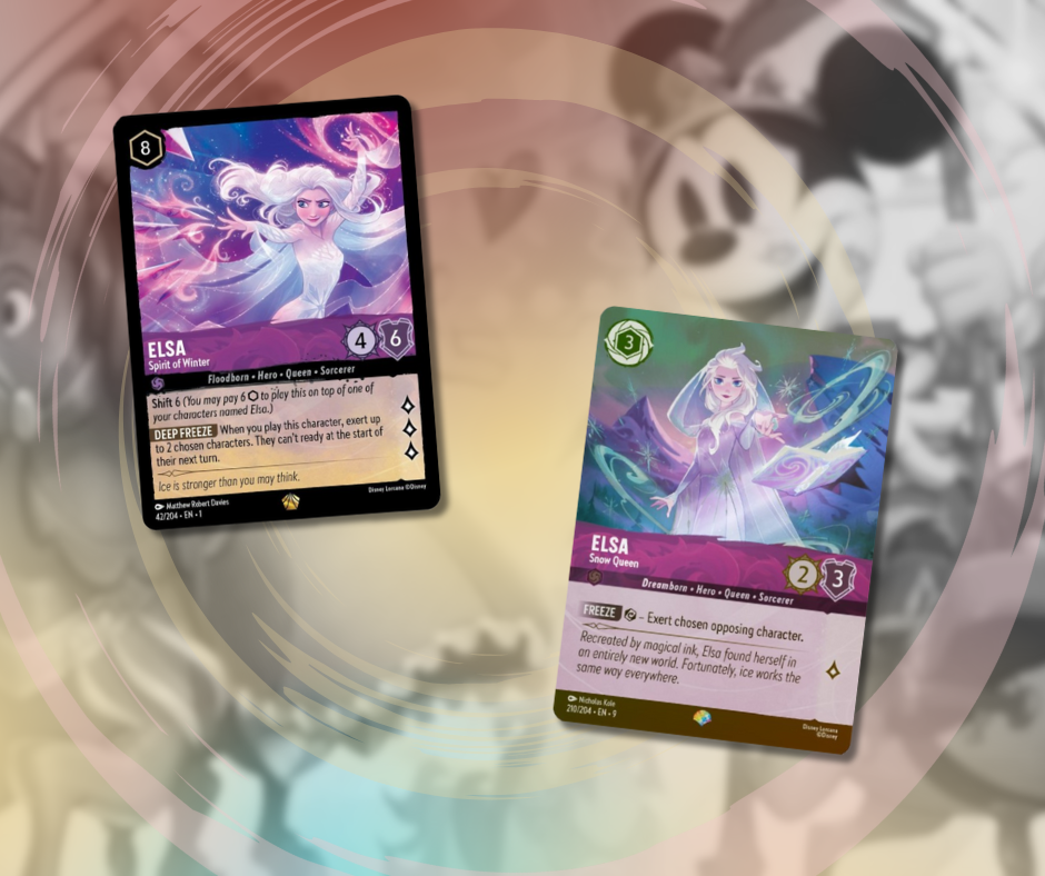 The reprint of the Elsa - Spirit of Winter card alongside the new Elsa - Snow Queen Epic card from the Disney Lorcana Fabled set.