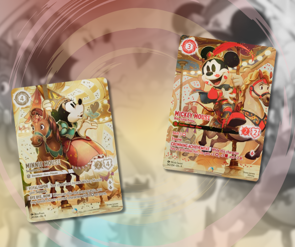 The new Iconic rare cards for Mickey Mouse - Brave Little Prince and Minnie Mouse - Sweetheart Princess from the Disney Lorcana Fabled set, showcasing their borderless art.
